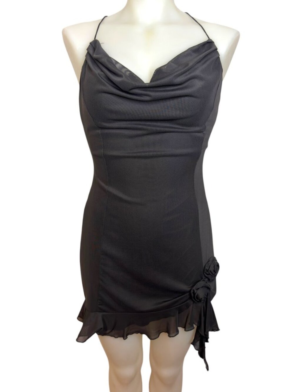 Black Mesh Cowl Neck Mini Dress with Rosette Detail
